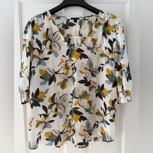 Ann Taylor Factory Floral V-Neck Blouse in Cream, Yellow, and Black